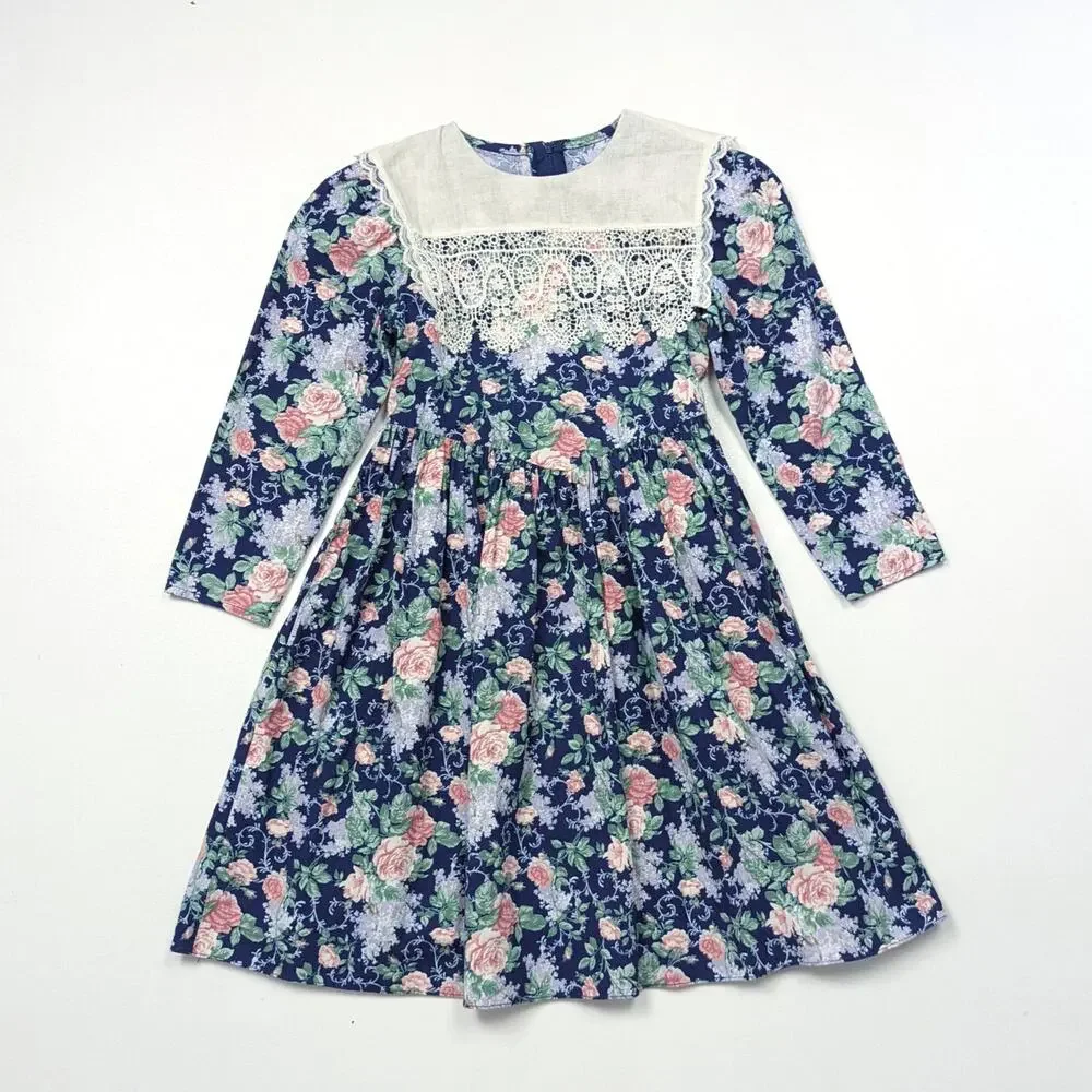 Vintage Jessica McClintock Gunne Sax Dress Girls Size 6 Floral Bib